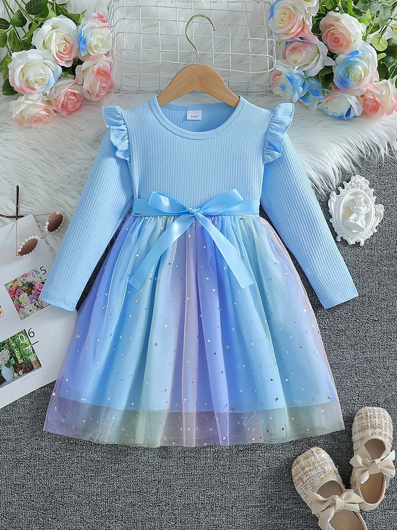 Girl\'s Long Sleeved Bow Dress 2-6Y Fashion Thin Children\'s Starry Sky Sequin Mesh Dress Spring Autumn Kid\'s Clothing