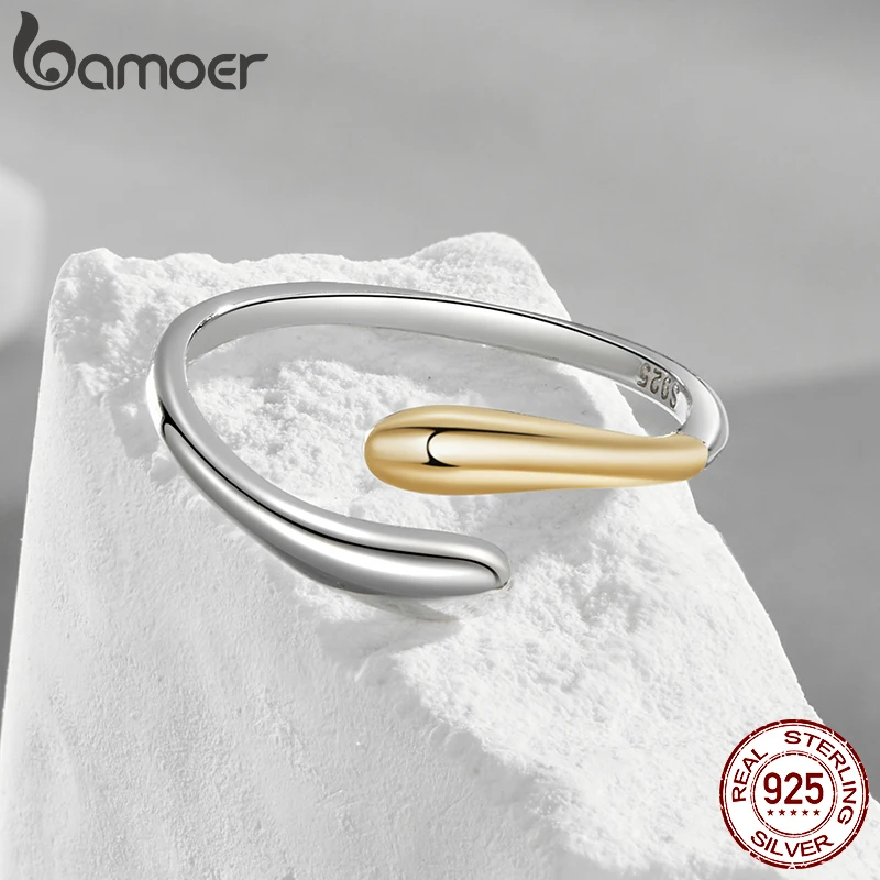 BAMOER 925 Sterling Silver Two-Tone Waterdrop Open Adjustable Ring, Waterdrop Rings Statement Rings Simple Stackable Band Rings