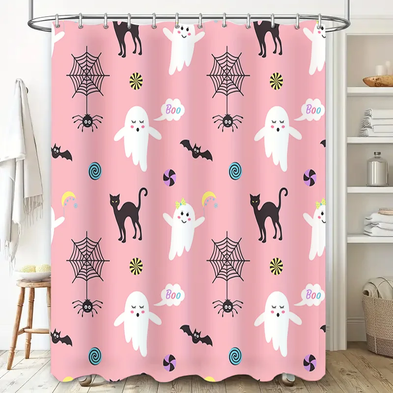 Haunted House Shower Curtain Halloween Decor Pink Ghosts Spiders Black Cats Pattern Home Decoration for Bathrooms 72x72 inches S