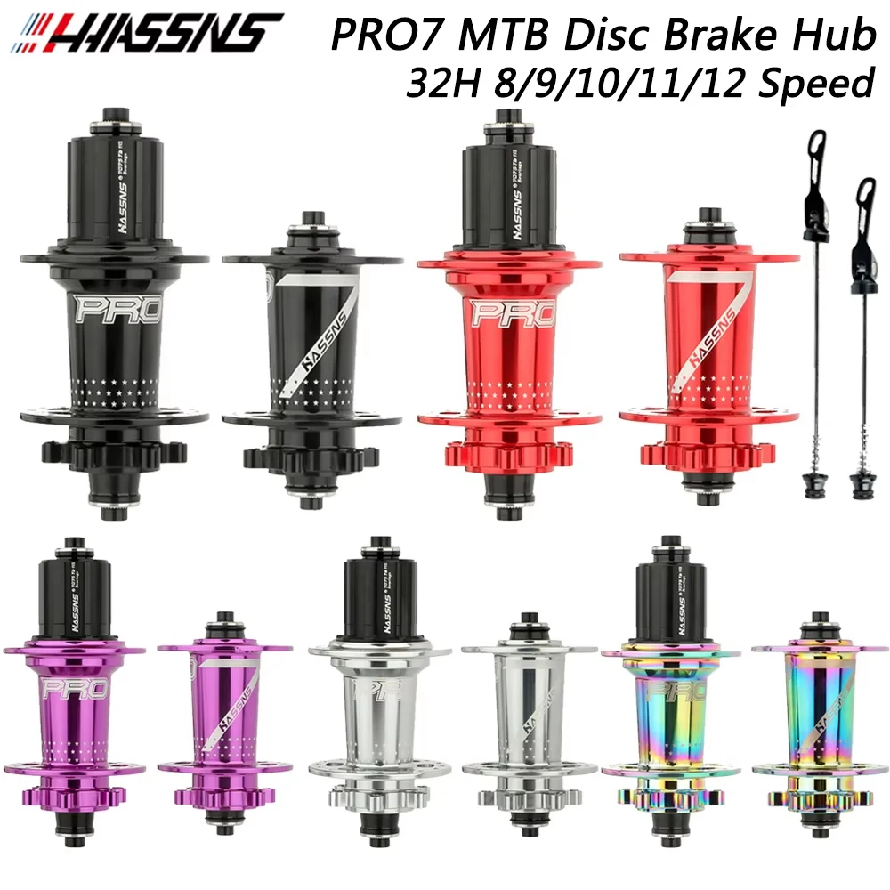 HASSNS PRO7 MTB Hub 32 Holes Bearing Bike Freehub Front Rear Hub Quick Release 32H 8/9/10/11/12 Speed 6 Pawl Disc Brake Hubs