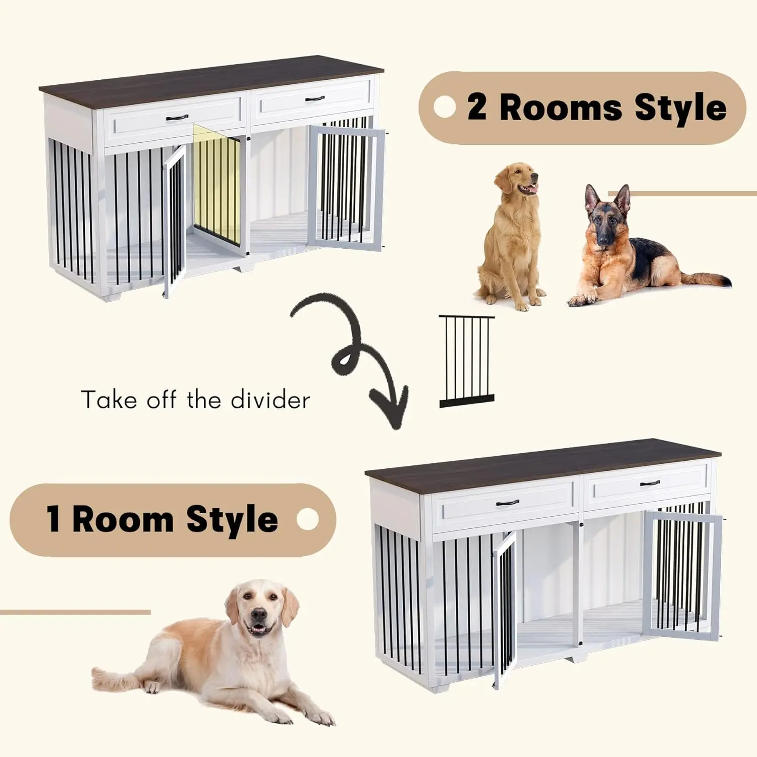 Large Dog Crate Furniture 72 Inch Wooden Furniture Style Dog Kennel with Drawers & Divider Heavy Duty Indoor Dog Cage House