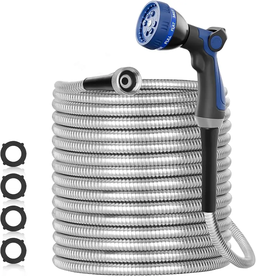 

100ft 304 Stainless Steel Garden Hose Metal, Heavy Duty Water Pipe with Nozzles for Yard, Outdoor - Flexible, Never Kink & Tangl