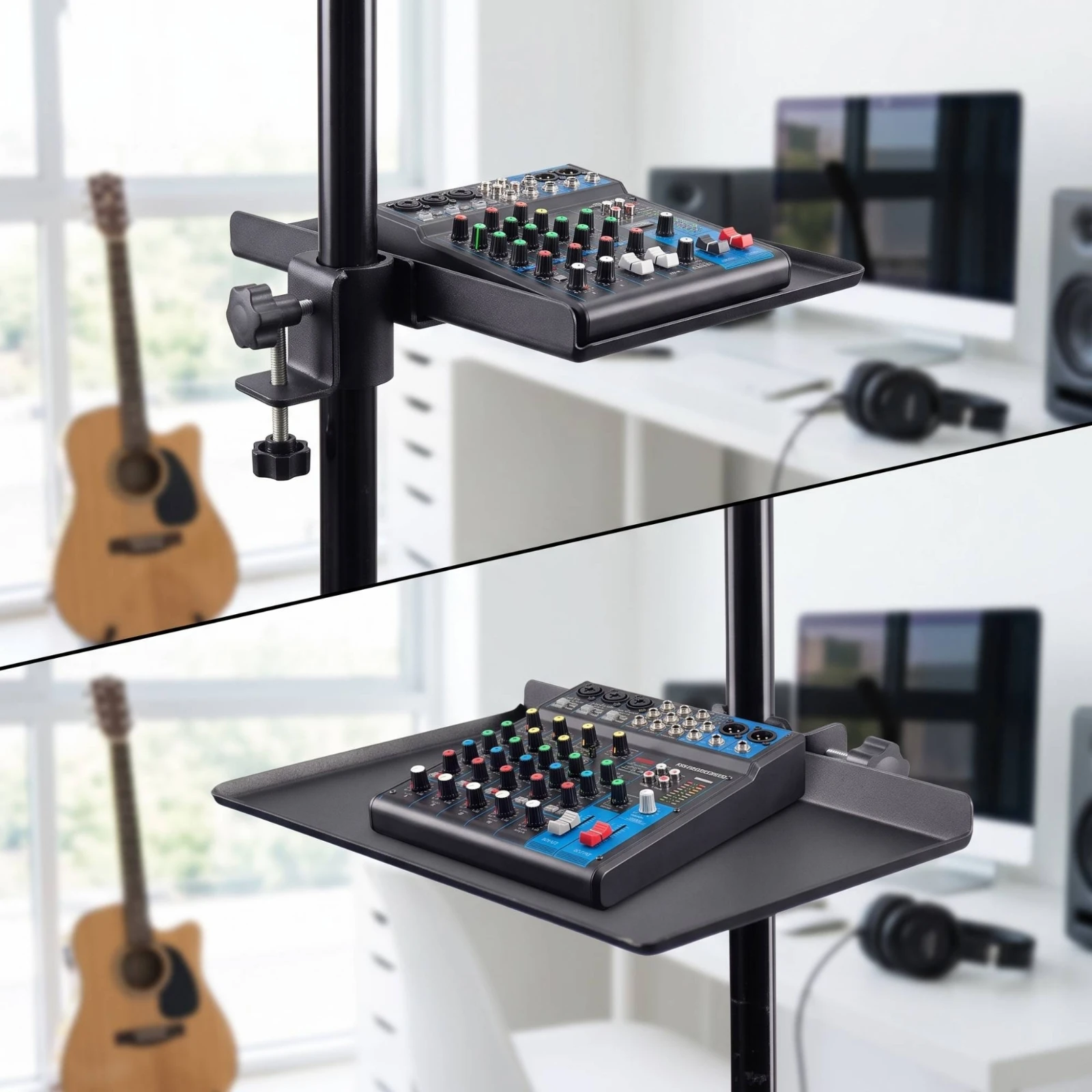 Clamp-on Tray Shelf Matte Black Metal Clamp-on Tray Raised-Edge Space-Saving for Streamers, Live Broadcasting, Recording Studio