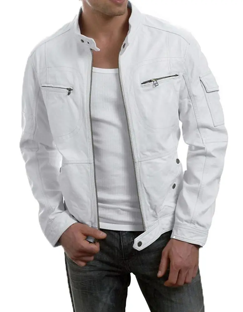 

Men's Leather Sheepskin Leather Driver Jacket Slim Motorcycle White Jacket European and American Fashion Trend