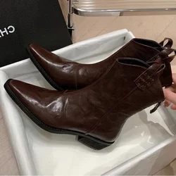 Western Cowboy Boots Women Black Brown Handmade Chelsea Boots for Woman 2024 New Pointed Wedge Heel Boots Female Pleated Botas