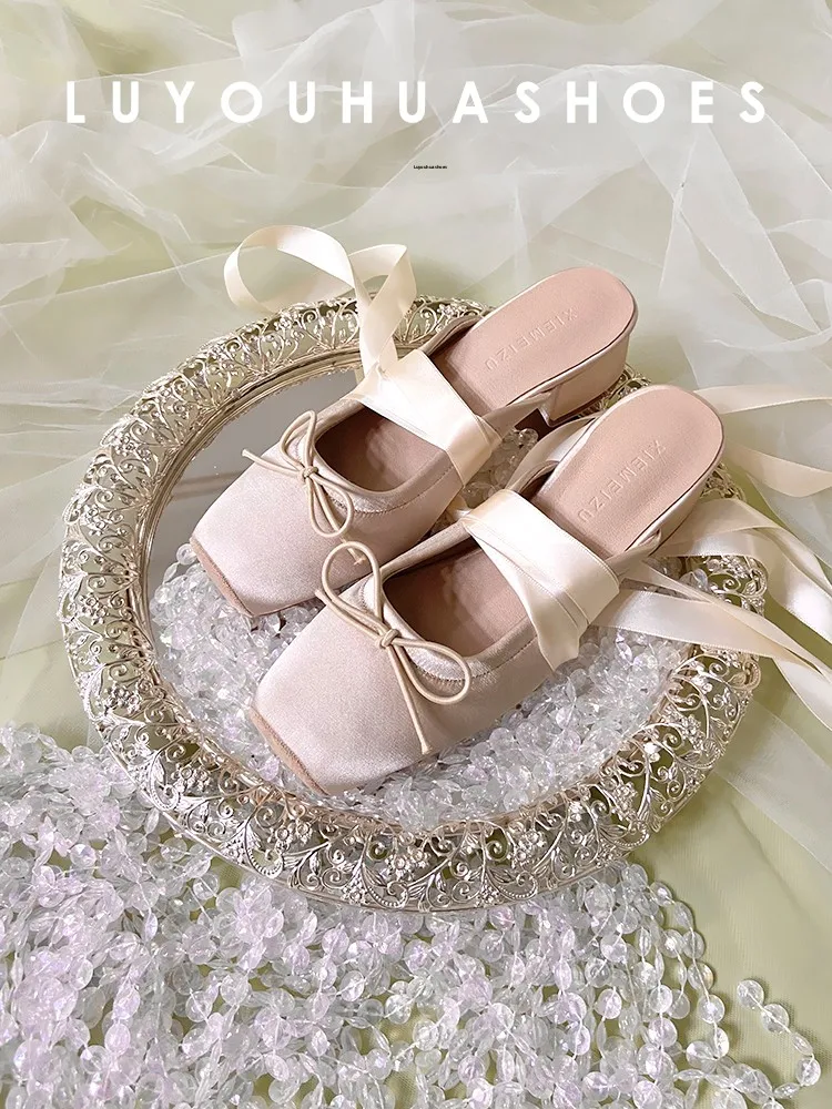 

True Leather Strap Women's Mules Outdoor Wear Thick Heel Knot Sandals Knot Silk Two-Way Wear Fairy Style Slippers
