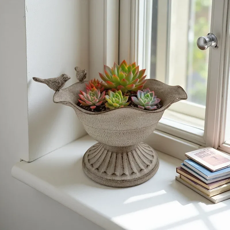 Distressed Grey Metal Pedestal Planter 19cm Top 14.5cm H 12.5cm Base Succulent Patio Garden Floral Home Decor Craft Vase Pot Set