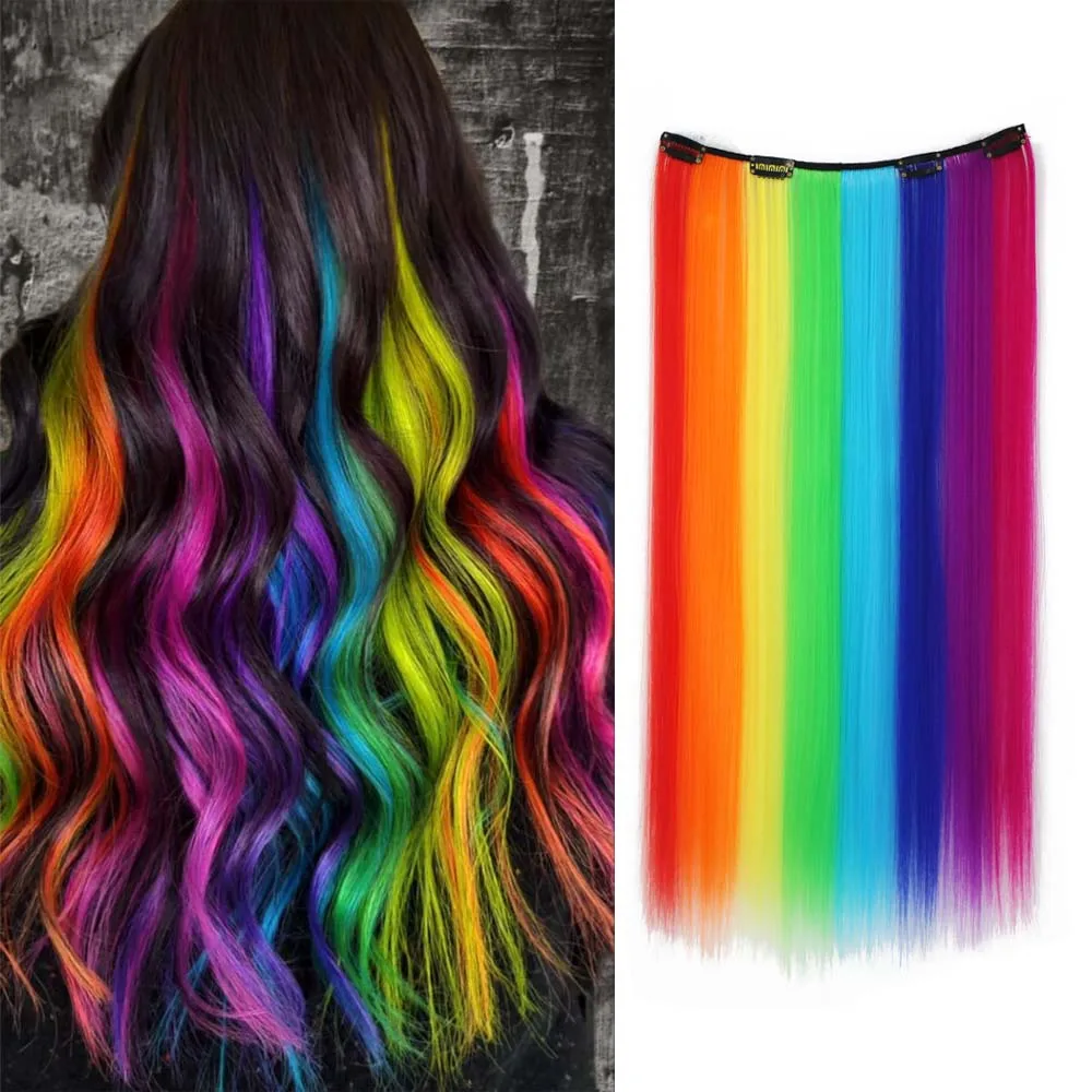 22inch colored hair synthetic extensions,heat-resistant hair clips for hair extensions,straightening hairY2K style and beautiful