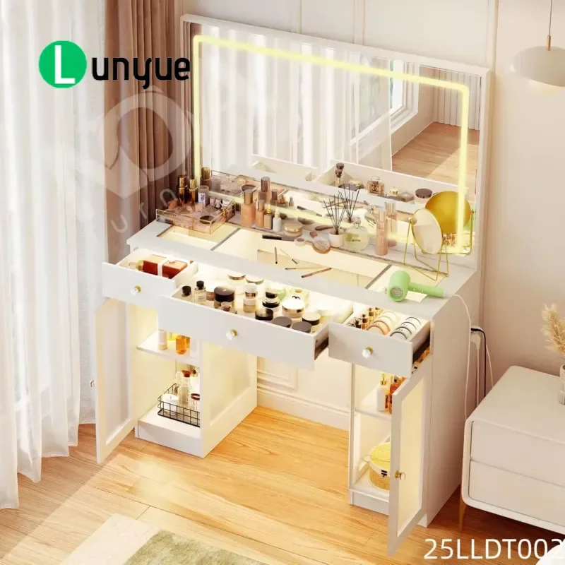 Modern Makeup Dresser with LED Light Mirror and Stool Bedroom Vanity Table Set with Drawers for Home Organization Storage