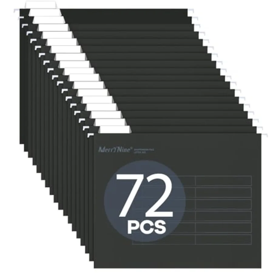 

72-Pack Black Hanging File Folders Letter Size 1/5-Cut Tabs with 72 Inserts Classic Office Filing Cabinet Organizer