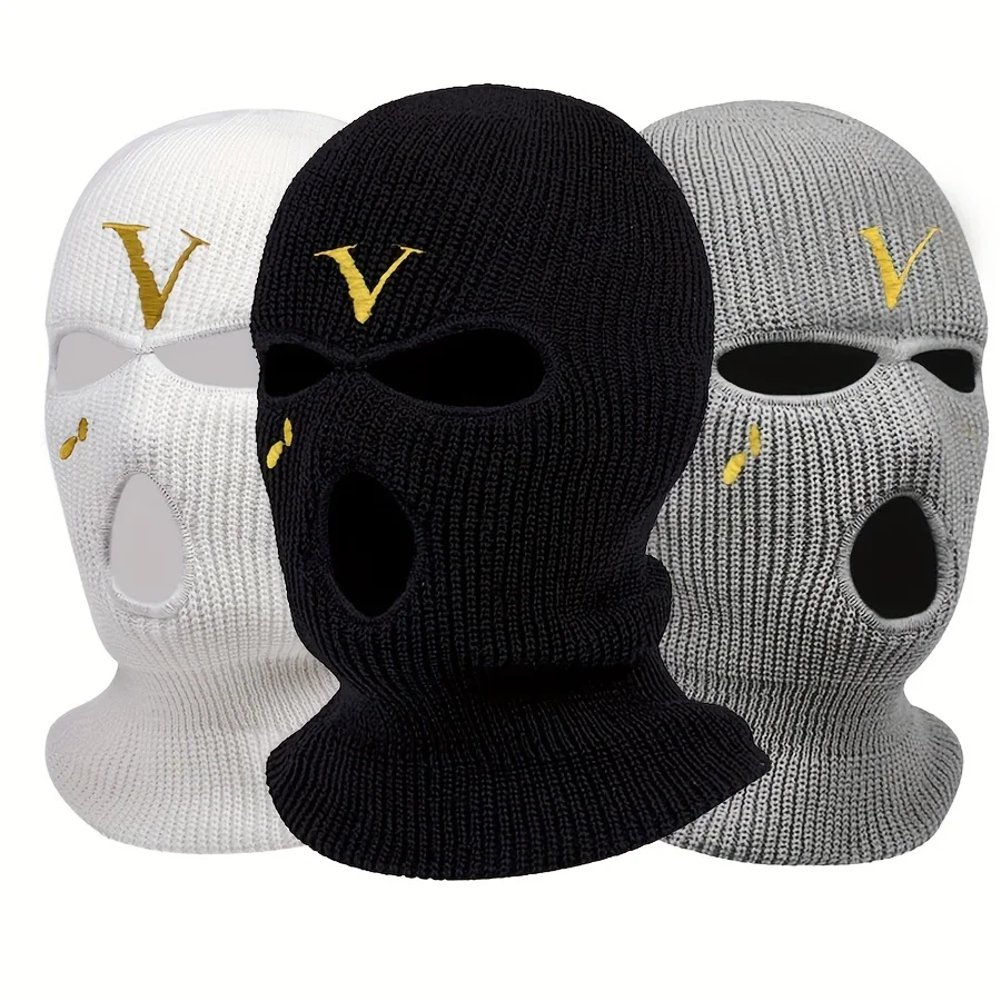 1 PC of V-letter Embroidery Putdoor Cycling Windproof Skiing Full Face Mask Headcover with Ear Protectors Knitted Baraklafar Hat