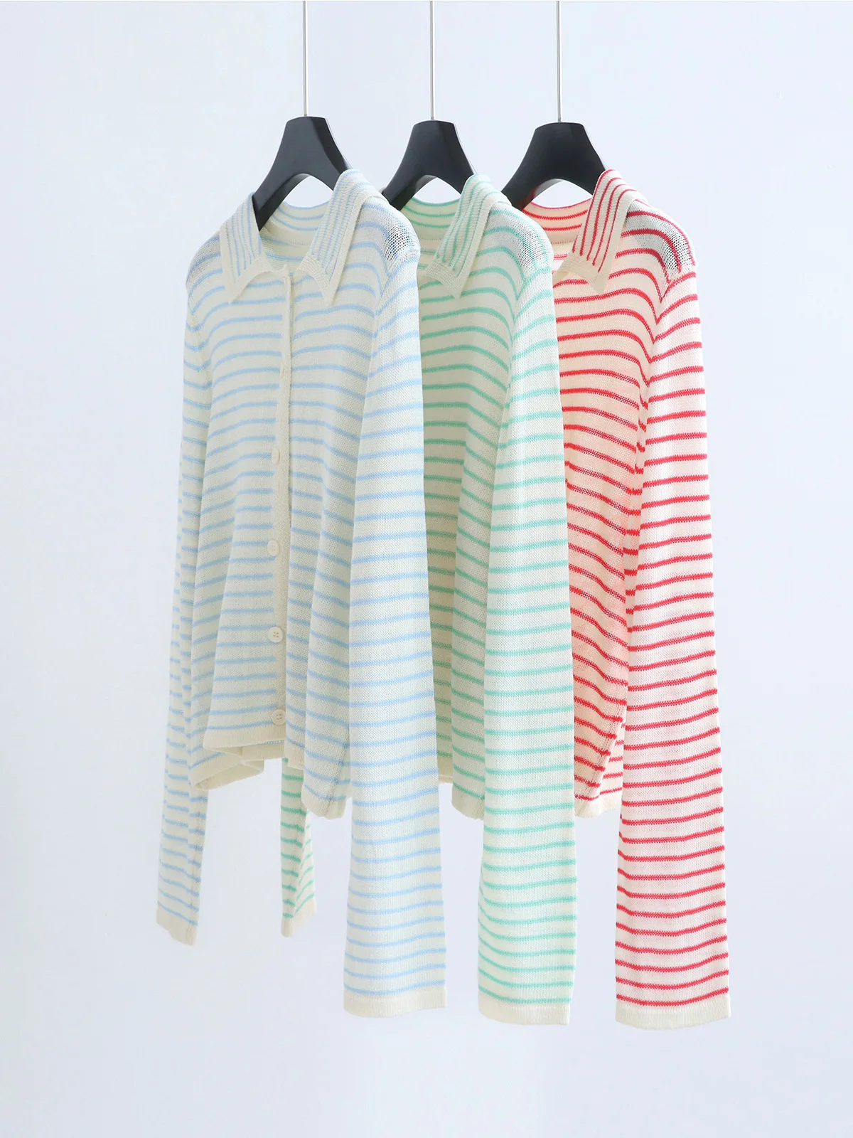 

Dave&di Linen Summer Striped Knitted Sweater Cardigan Lapel Short Style Sun Protection Shirt Thin Style Loose Top Casual And