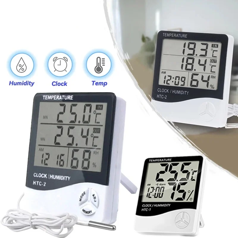 HTC-1 HTC-2 LCD Digital Temperature Humidity Meter Home Thermometer Hygrometer Indoor Outdoor Electronic Weather Station Clock