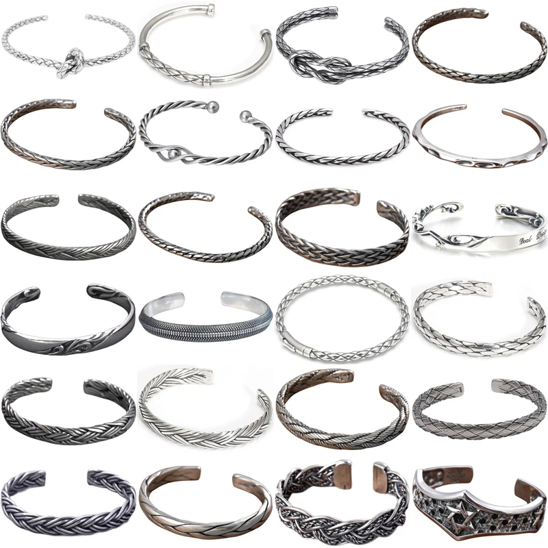 S925 Sterling Silver Vintage Handmade Twist Braided Solid Open Bracelet Men's and Women's Bracelet as a Gift for Couples