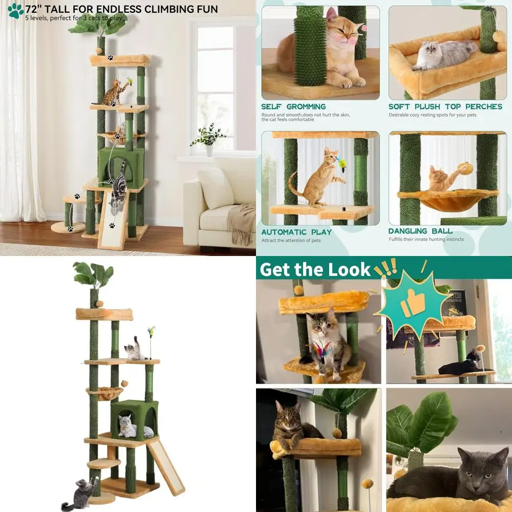 

72.8in Indoor Cat Tree Tower with Leaves, Self-Grooming Brush, Perch, Basket, Sisal Posts, Dangling Ball