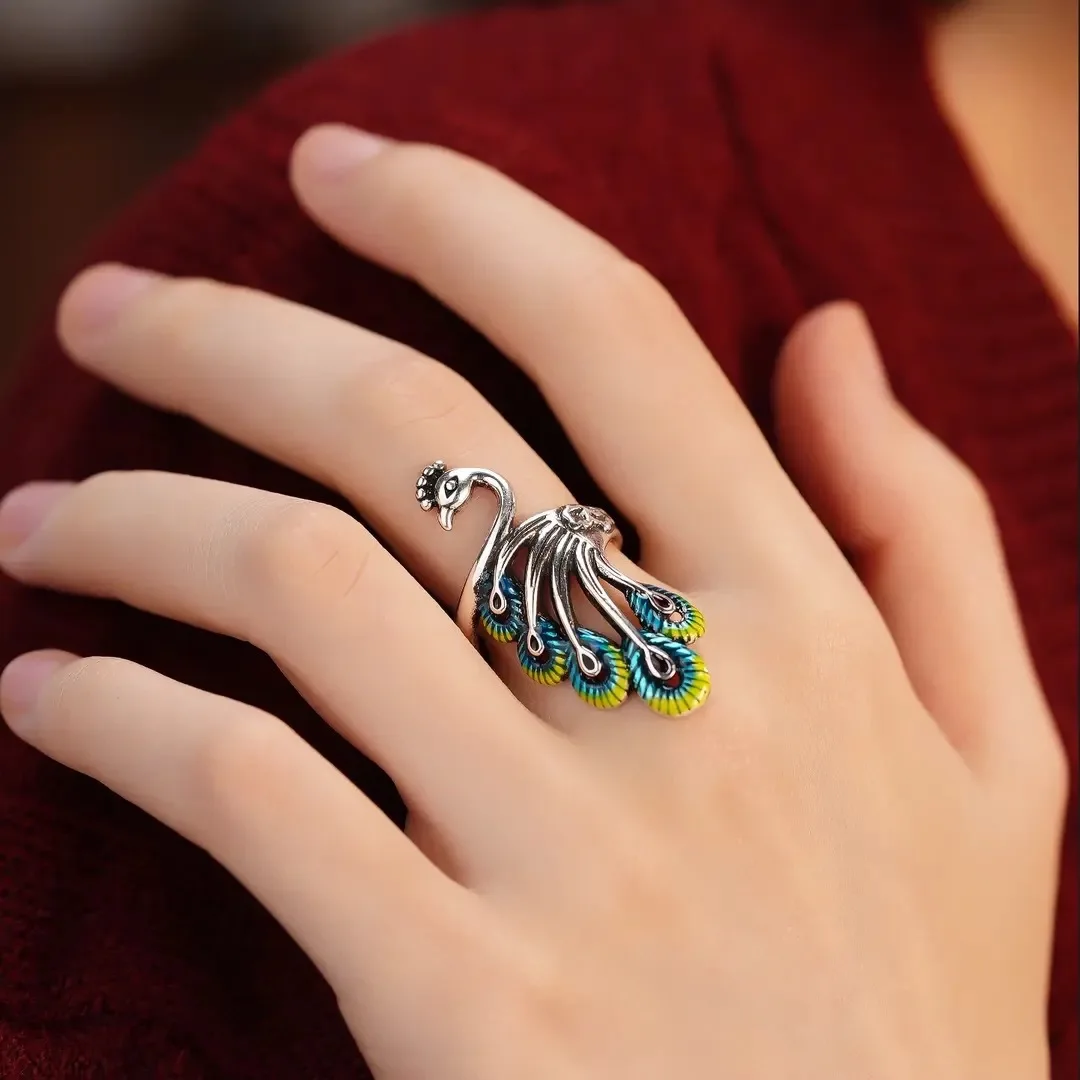 Fanshu Silver Plated Luxury Peacock Ring for Women Girls Couple Friends Gift Fashion Jewelry