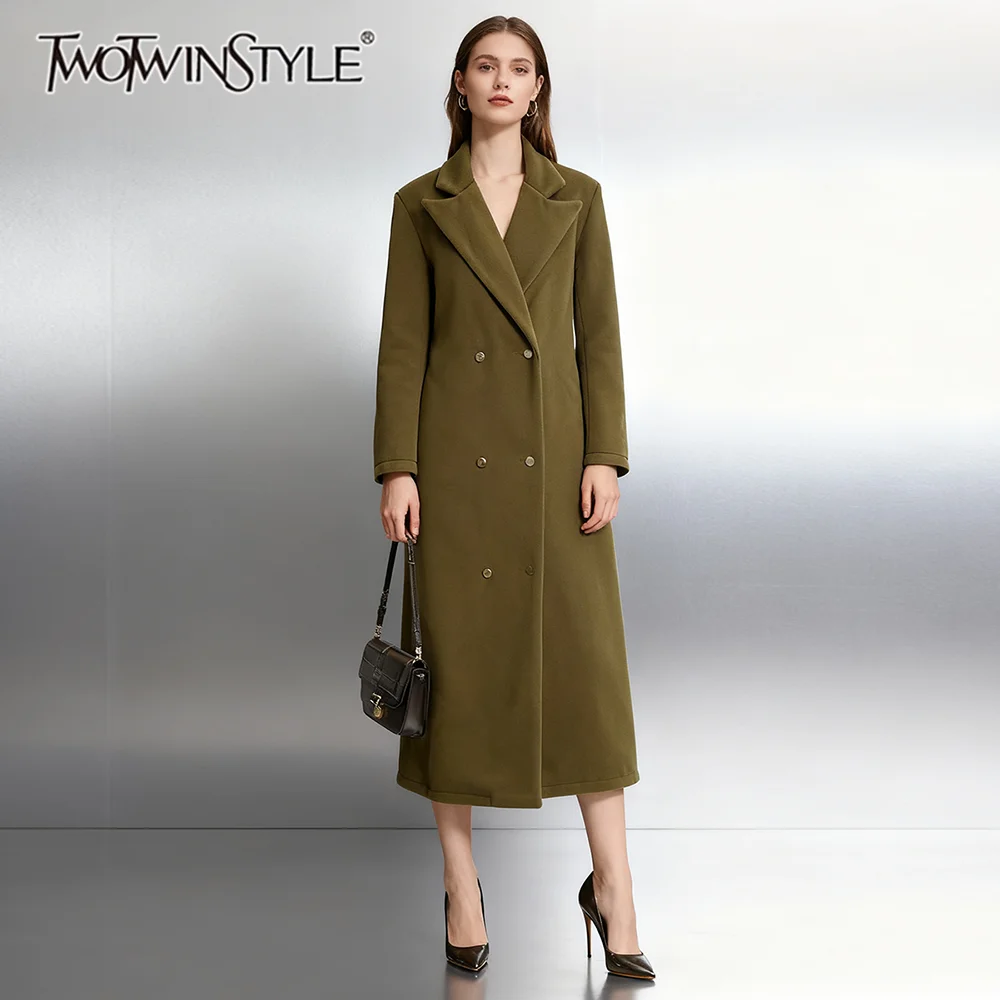 

TWOTWINSTYLE Armygreen свободные двубортные длинные пальто для женщин с лацканами и длинными рукавами минималистичное пальто женское осеннее новое
