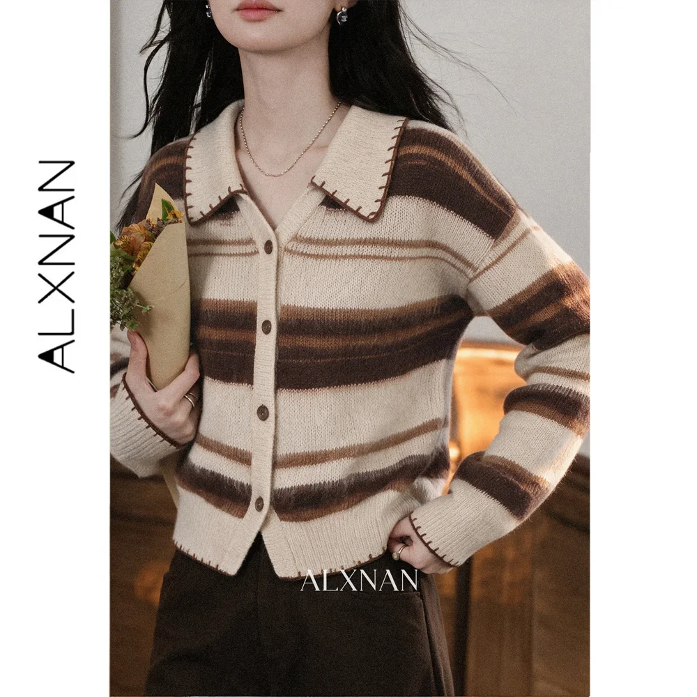 ALXNAN Women's Light Brown Striped Knit Cardigan Lapel Collar Color Block Button Front Slimming Casual Autumn 2026 L682202A