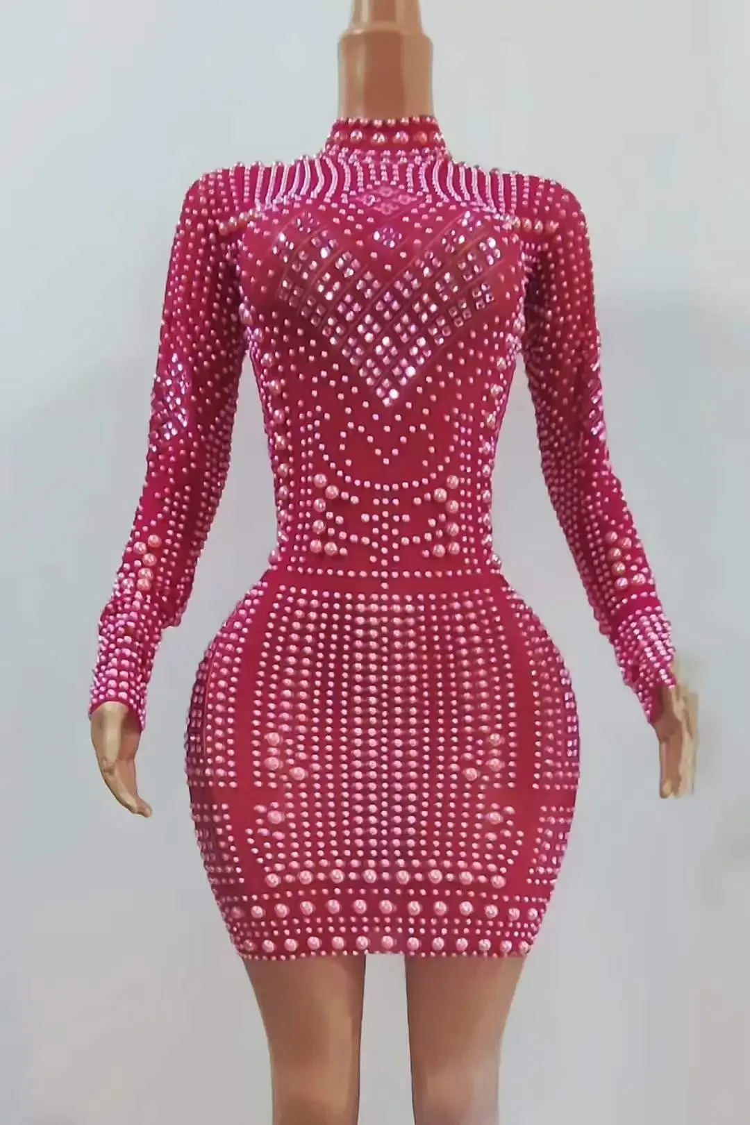 Full Rhinestone Rose Red Luxury Short Dress For Women Birthday Queen Outfit Singer Long Sleeve Stage Wear Drag Costume 2023