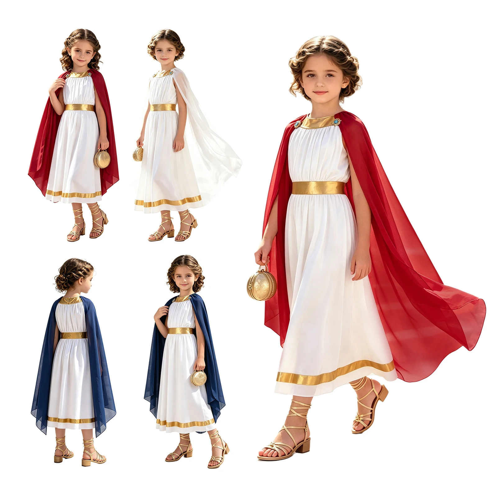 Kids Girls Ancient Greek Costume Contrasting Color Side Shawl Roman Robe Sleeveless Metallic Trim Dress for Carnival Theme Party