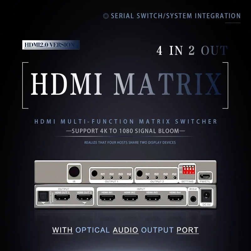 Divisor de interruptor de matriz HDMI 4x2, compatible con RS232 y EDID, control SPDIF, HDR, 4x2, compatible con HDCP 2,2, 3D, 4K, 60Hz