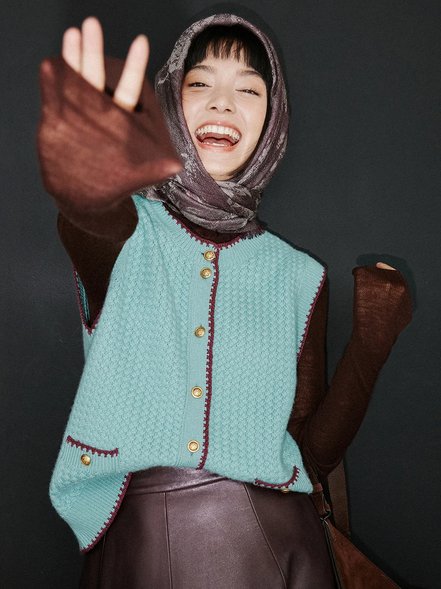 

Sle Handmade Full Camere Retro Color Blo Hook Prussian een round Ne Knitted Vest Open Front Women's F...