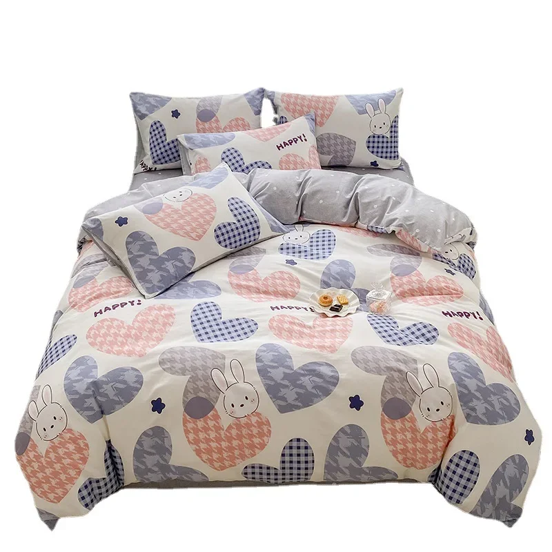 Love Heart Cute Rabbit Printing Comforter Bedding Sets Nordic Flower Duvet Cover Cotton Quilt Cover Sheet Girls Kids Bed Linens