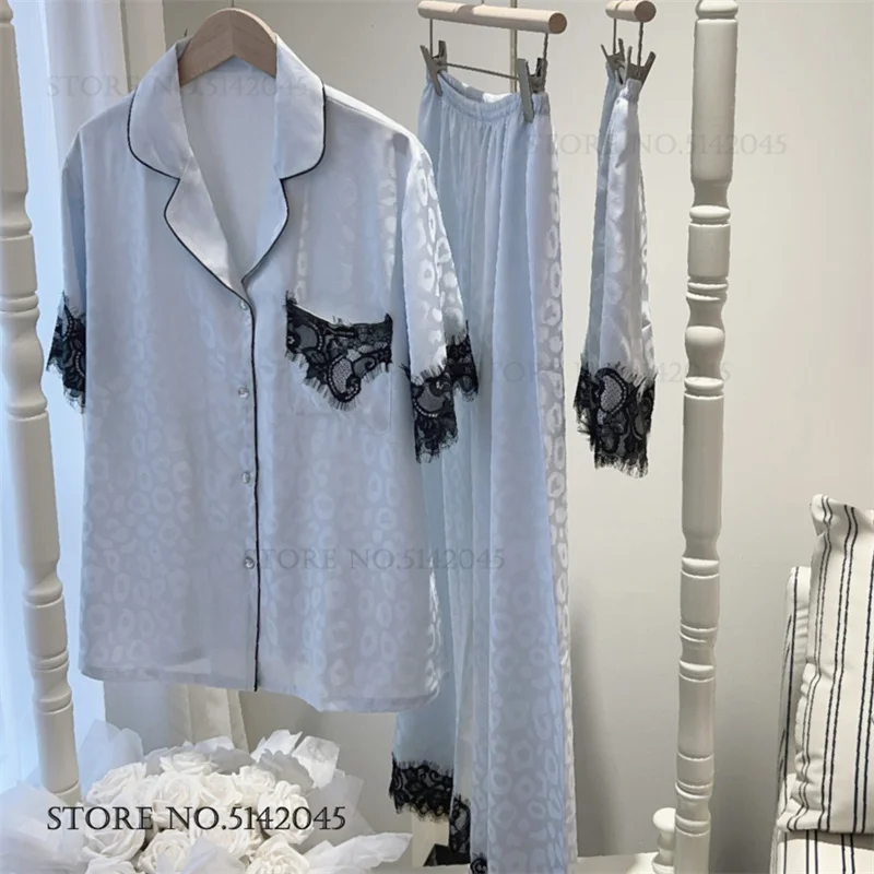 Female 3PCS Pajamas Suit Sexy Leopard Lace Lingerie Sets Night Clothes Spring Summer New Sleepwear Homewear Loose Lounge Wear