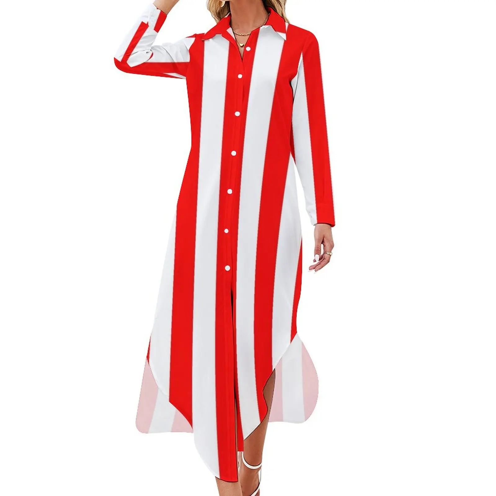 

Red and White Vertical Stripes Long Sleeved Shirt Dress prom clothes luxury dresses