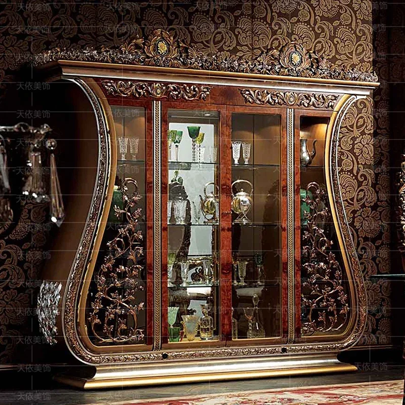 European solid wood carving display villa living room wine cabinet storage cabinet Luxury palace French wine cabinet