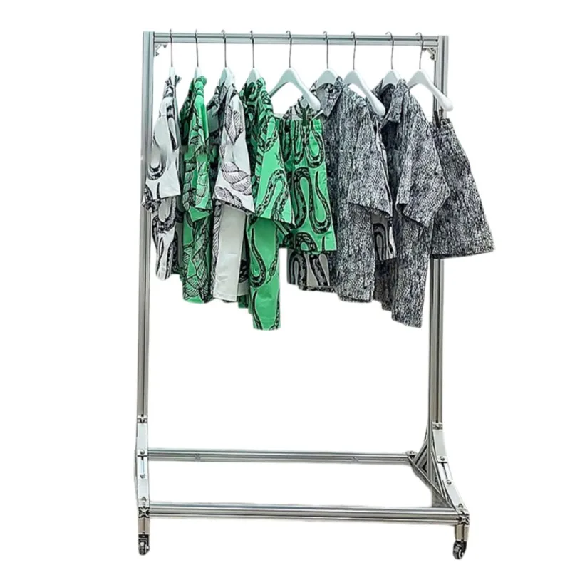 Nordic wheeled mobile clothing display rack, clothing store shelf, creative floor-standing hanging clothes display rack