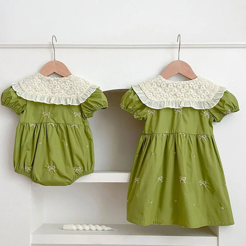 ملابس شقيقة صيفية جديدة لعام 2025 فساتين أميرات للأطفال رومبير للأطفال بأكمام قصيرة مطرز بالقطن فستان حفلات للفتيات الصغيرات #3