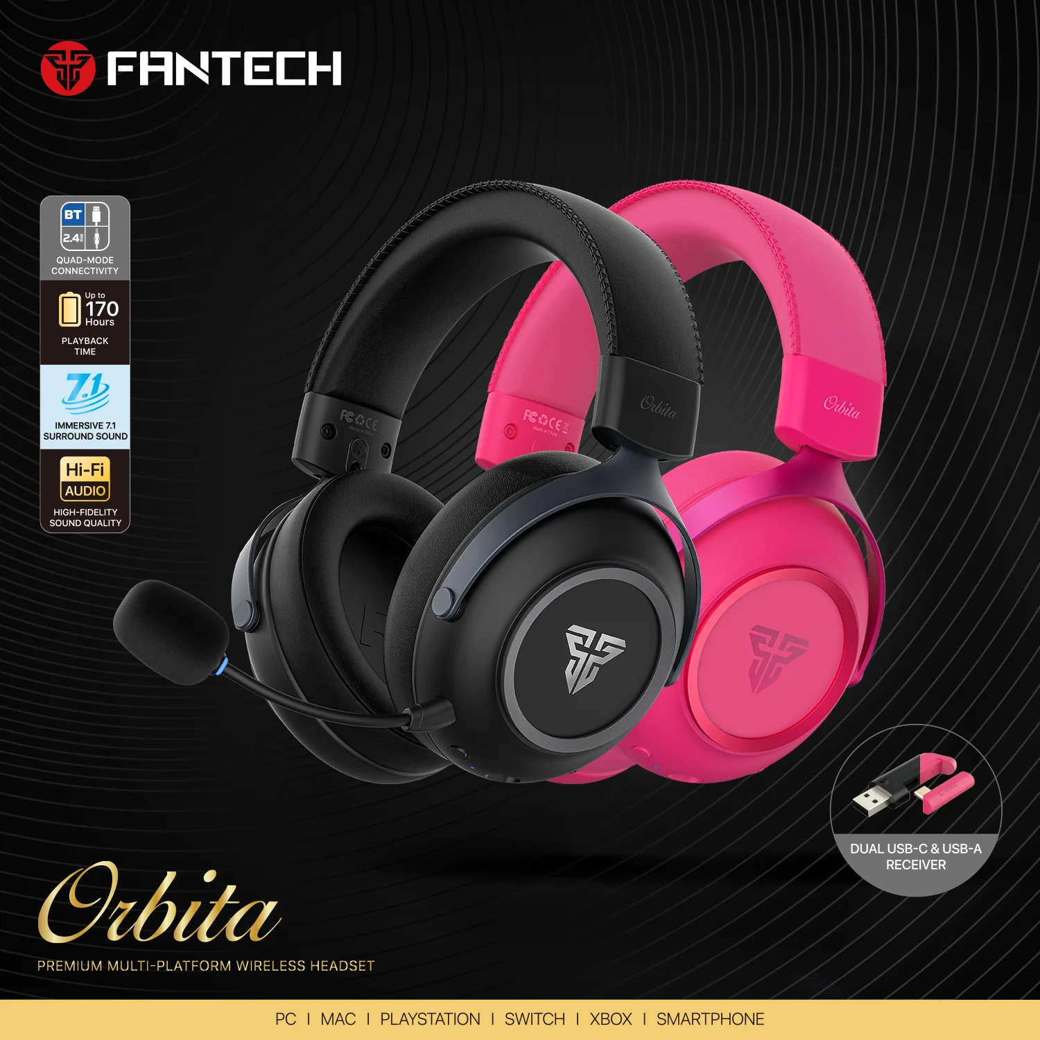

FANTECH ORBITA WHG07 Wireless Gaming Headset 53mm Driver ENC Mic 170H Playtime ENC Noise Cancelling Mic For PC PS5