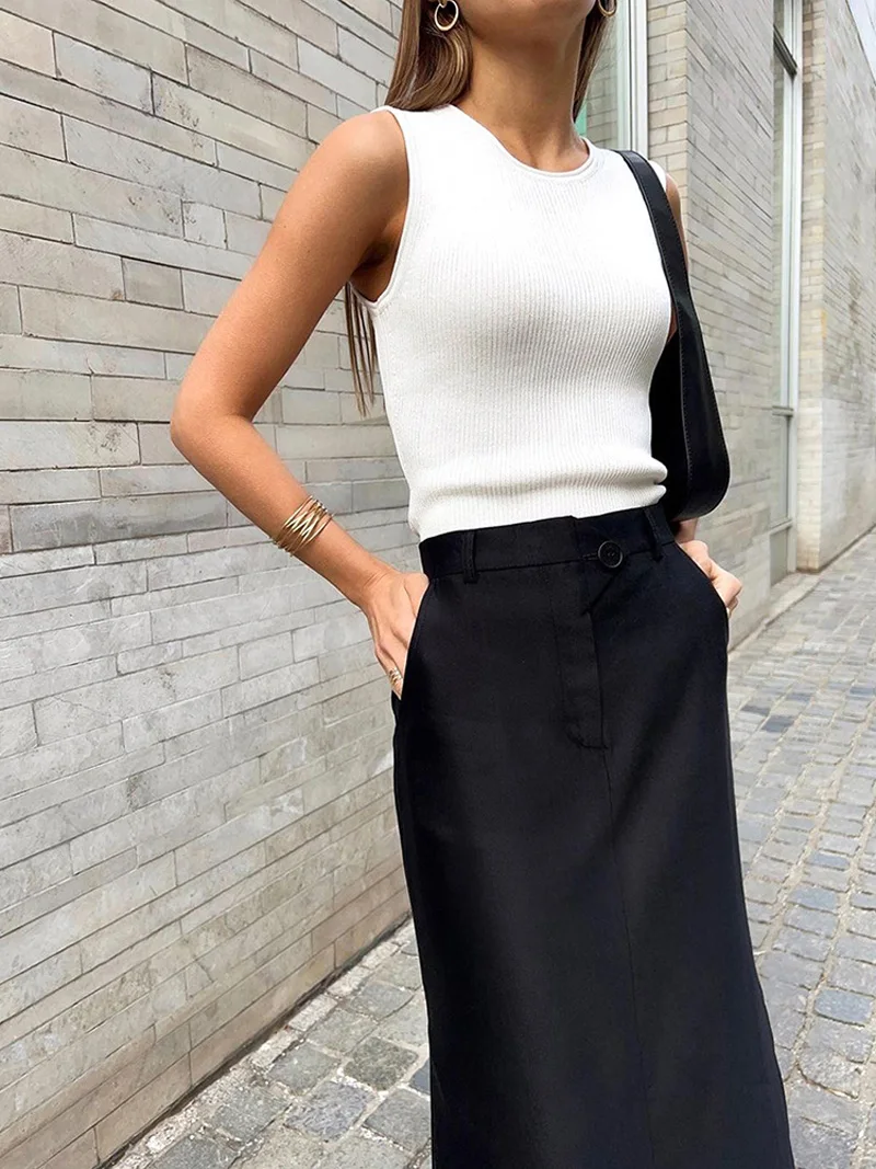 2022 Autumn Winter Women Elegant Maxi Skirts Solid Black High Waist Slit A-line Skirt For Women