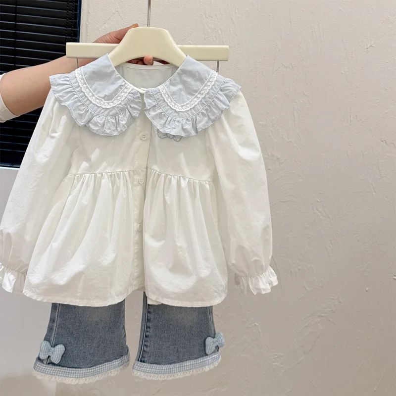 

New Spring Autumn Girls' Blue Shirt for Baby Girls Long Sleeve Blouse Kids' Fashion All-match Top