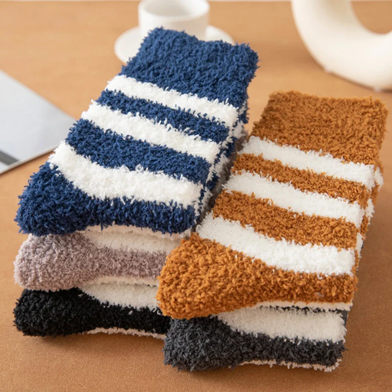 Homens meias listradas macias moda fofo grosso coral velo meias de sono clássico inverno manter quente casual toalha soxs presente de natal