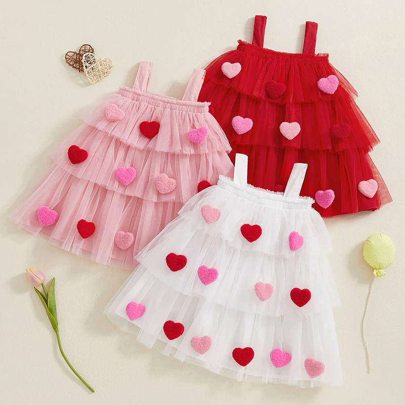 Summer Toddler Baby Girl Dress 3D Heart Tiered Sleeveless Children Dress Kids Sundress Slip Dress Fashion Girls Clothing 1-9Y