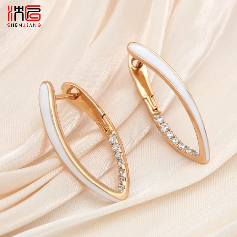 SHENJIANG New Fashion Green Enamel Drop Earrings For Women Girl Wedding 585 Rose Gold Color Jewelry Cubic Zirconia Eardrop