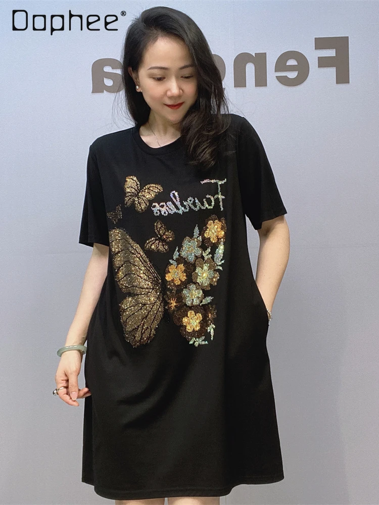 

Fashion Butterfly Rhinestone Short Sleeve T-shirt Dress 2024 Summer New Round Neck Pullover Loose A- Line Casual Dress Women