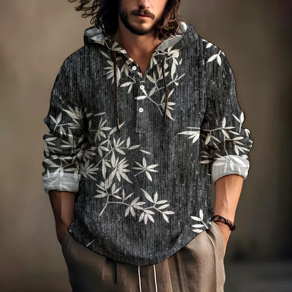Men's Pullover Shirt Linen Fashion Casual Bamboo Hawaiian Style Printed Shirt Mens Top Long Sleeve Spring/Autumn Hooded Pullover