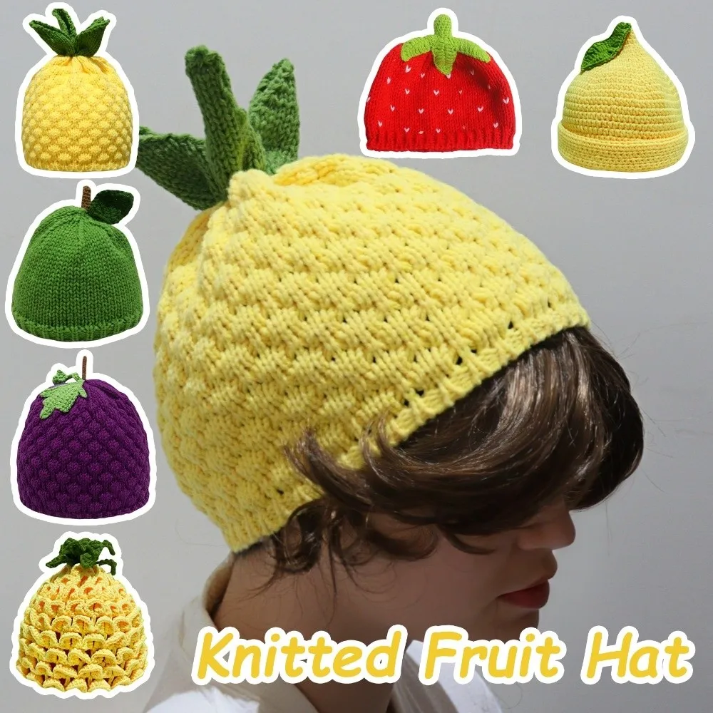 

Knitted Fruit Hat Lemon Grape Strawberry Pullover Cap Warm Thick Soft Stretchy Handmade Playful Pineapple Beanie