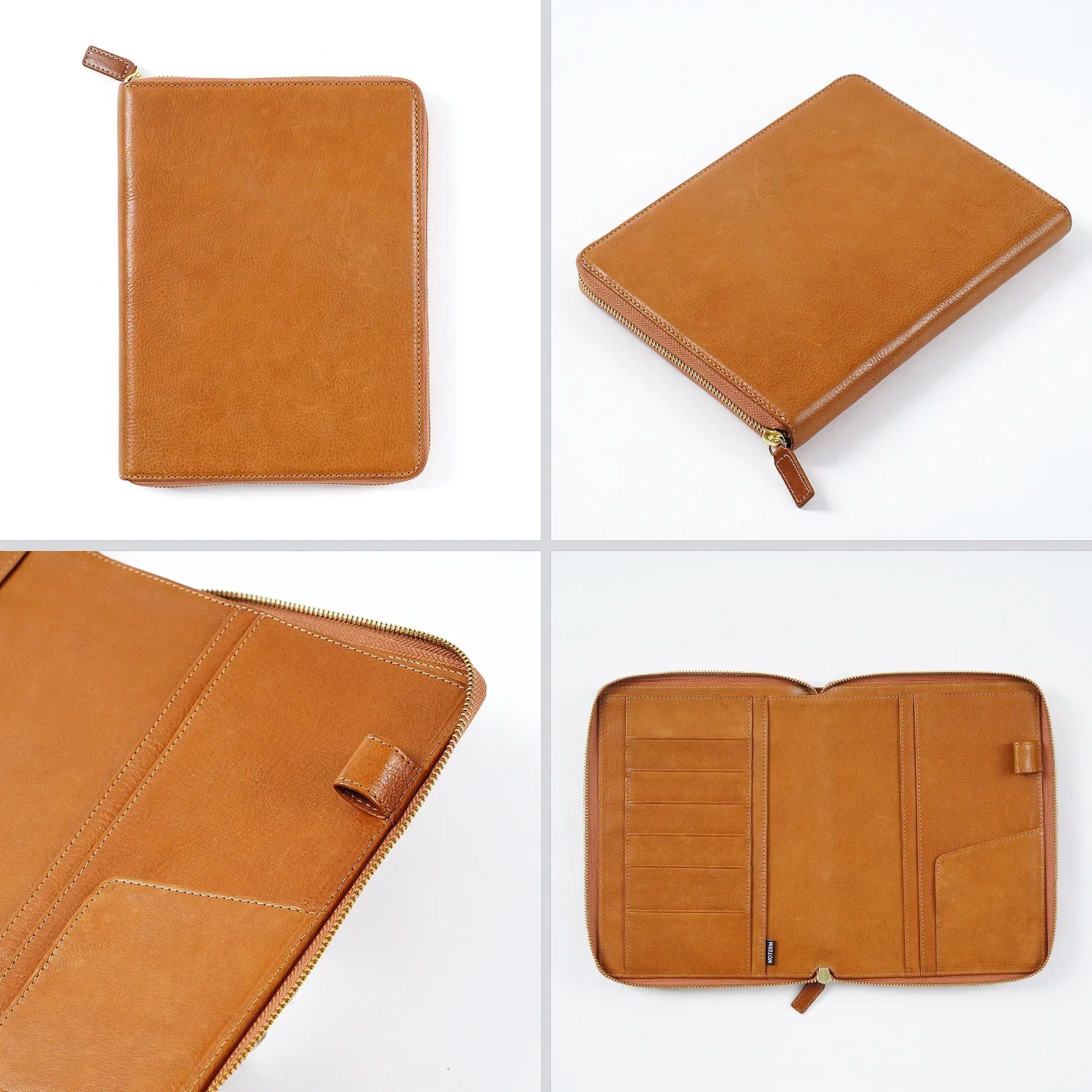 Moterm Full Grain Vegetable Tanned Leather A5 Zip Cover with Top Pocket Planner Zipper Notebook Organizer Agenda Journal Diary