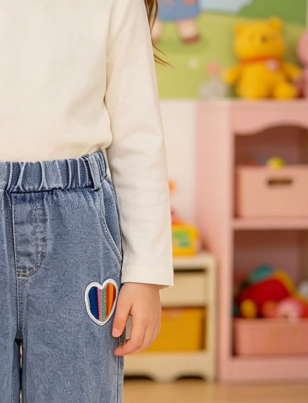 Girls Spring Autumn Rainbow Heart Embroidery Cuffed Jeans Children’s Elastic Waist Casual Long Pants 4 Girls Spring Autumn Rainbow Heart Embroidery Cuffed Jeans Children's Elastic Waist Casual Long Pants 4