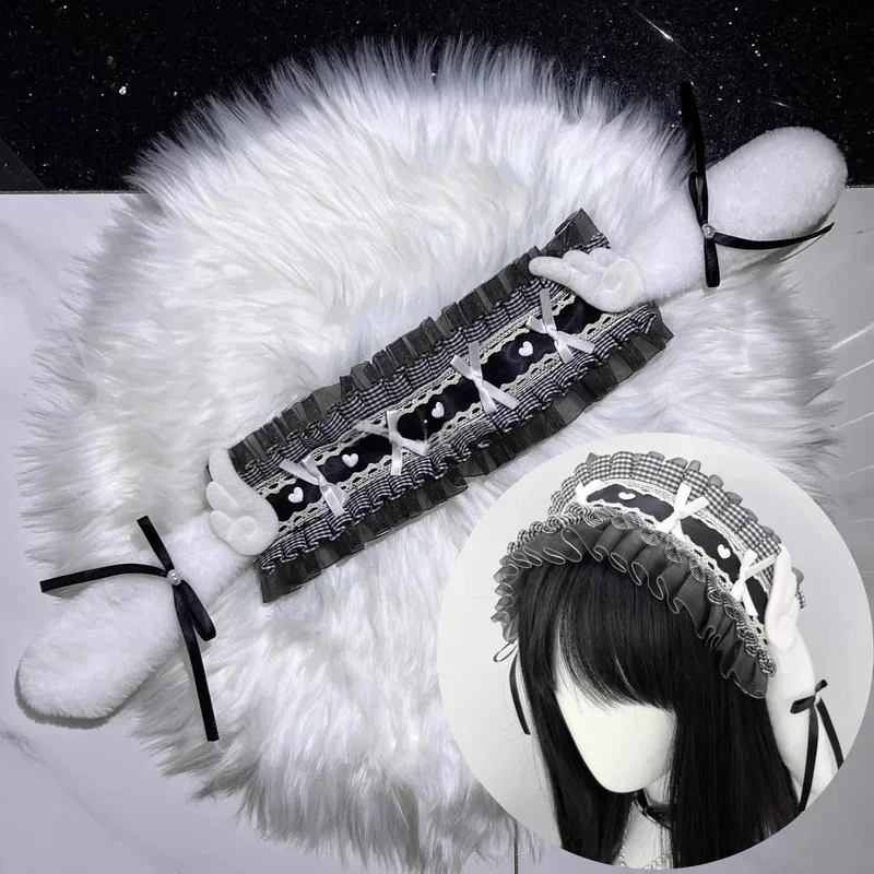 

New Handmade Lolita Gothic Black & White Plaid Angel Rabbit Ear Headband Subculture Y2K Girl Heart Wings Headpiece