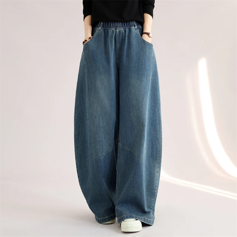 Retro Washed Blue Jeans Loose Fit High Waist Slimming Straight Leg Casual Trousers for plus Size Women Long Pants