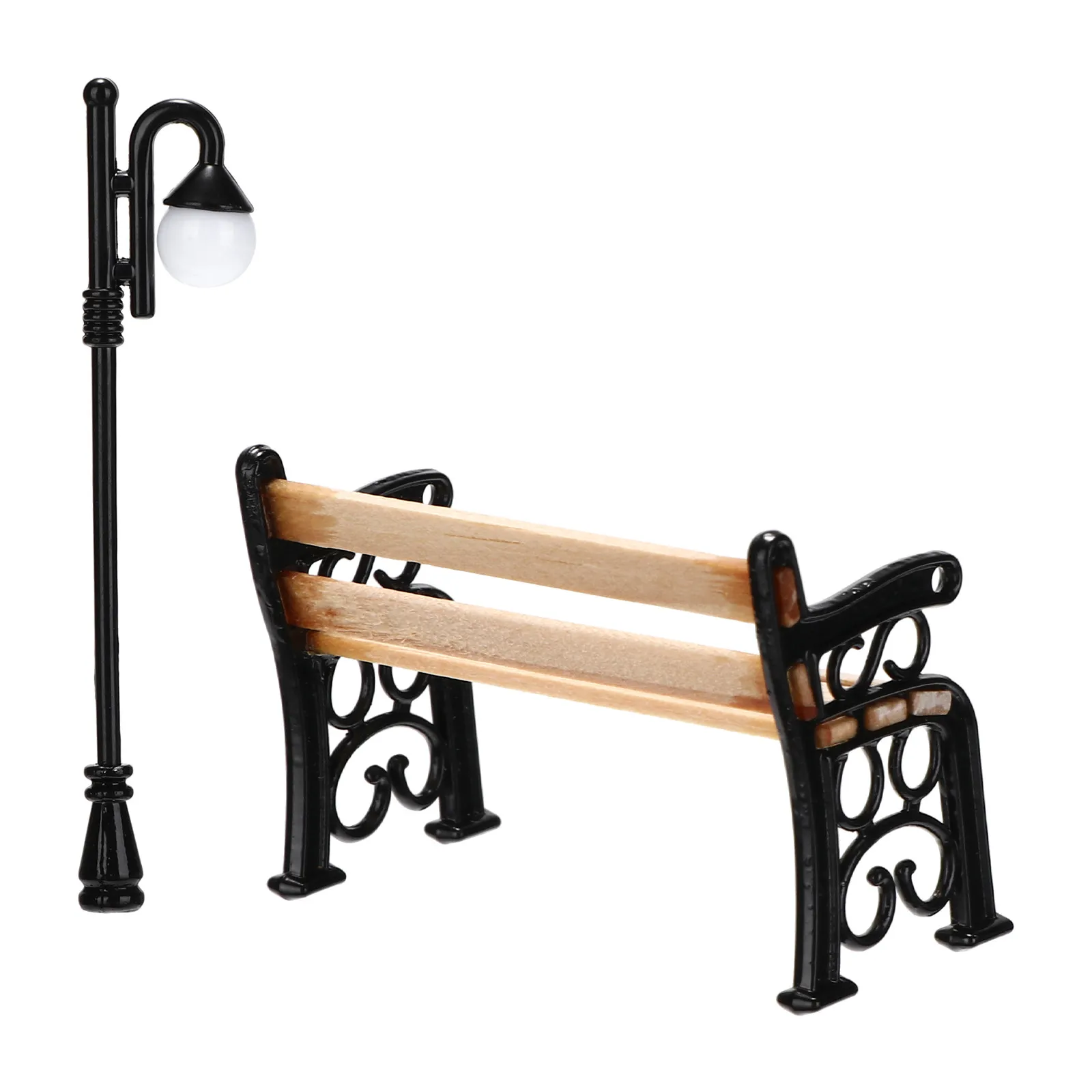 1Set Mini House Bench and Mini Street Light Post Lovely Detailed Miniature Landscape Accessories for Room Decor