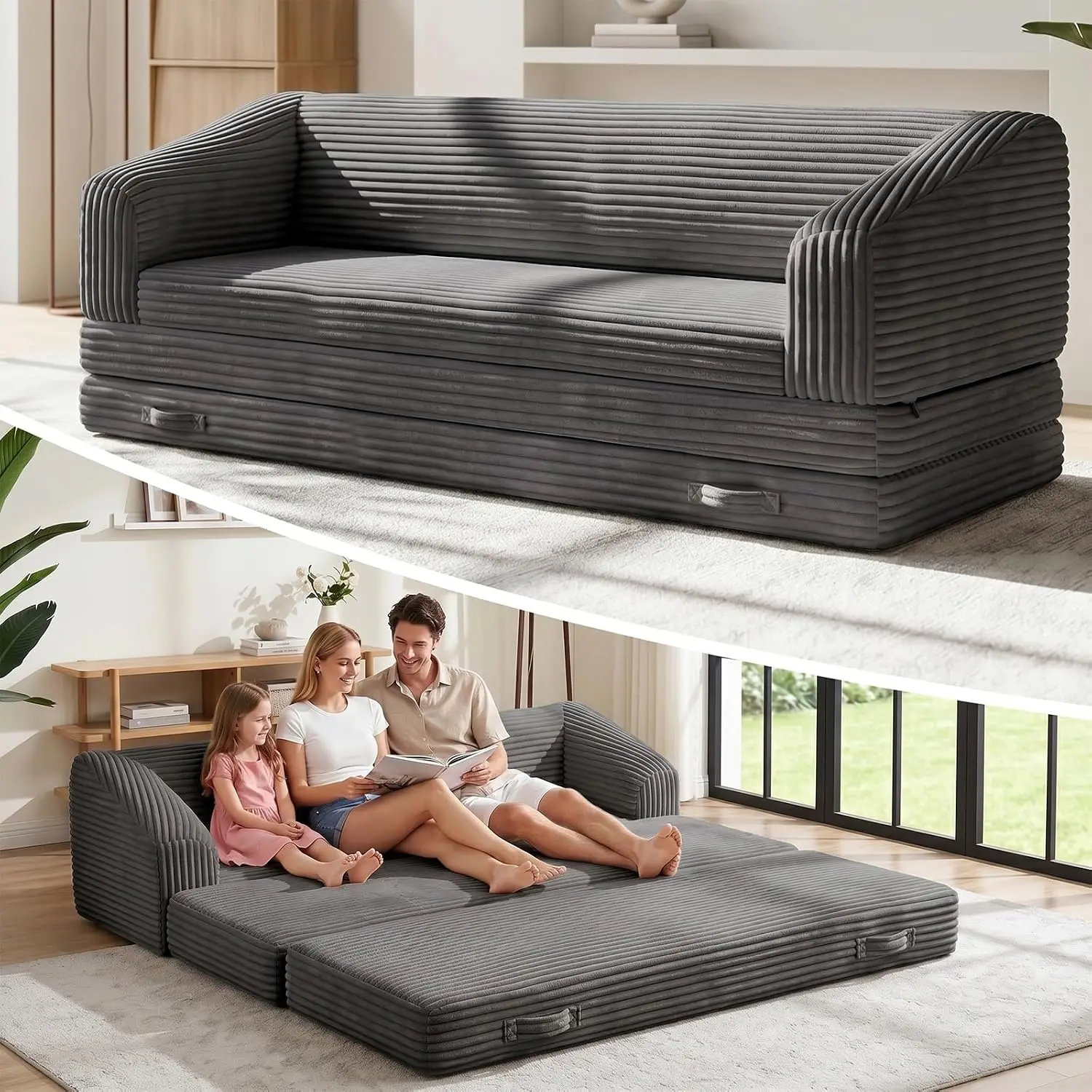 70” Folding Sofa Bed, 3-in-1 Convertible Triple Floor Couch Bed with Corduroy Extra-Thick Backrest & Carry Handle,, Customized