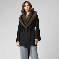 Woolen Coat With Real Fox Fur Collar Women Clothes Luxury New Winter BLack Wool Coat Natural Fur Jacket