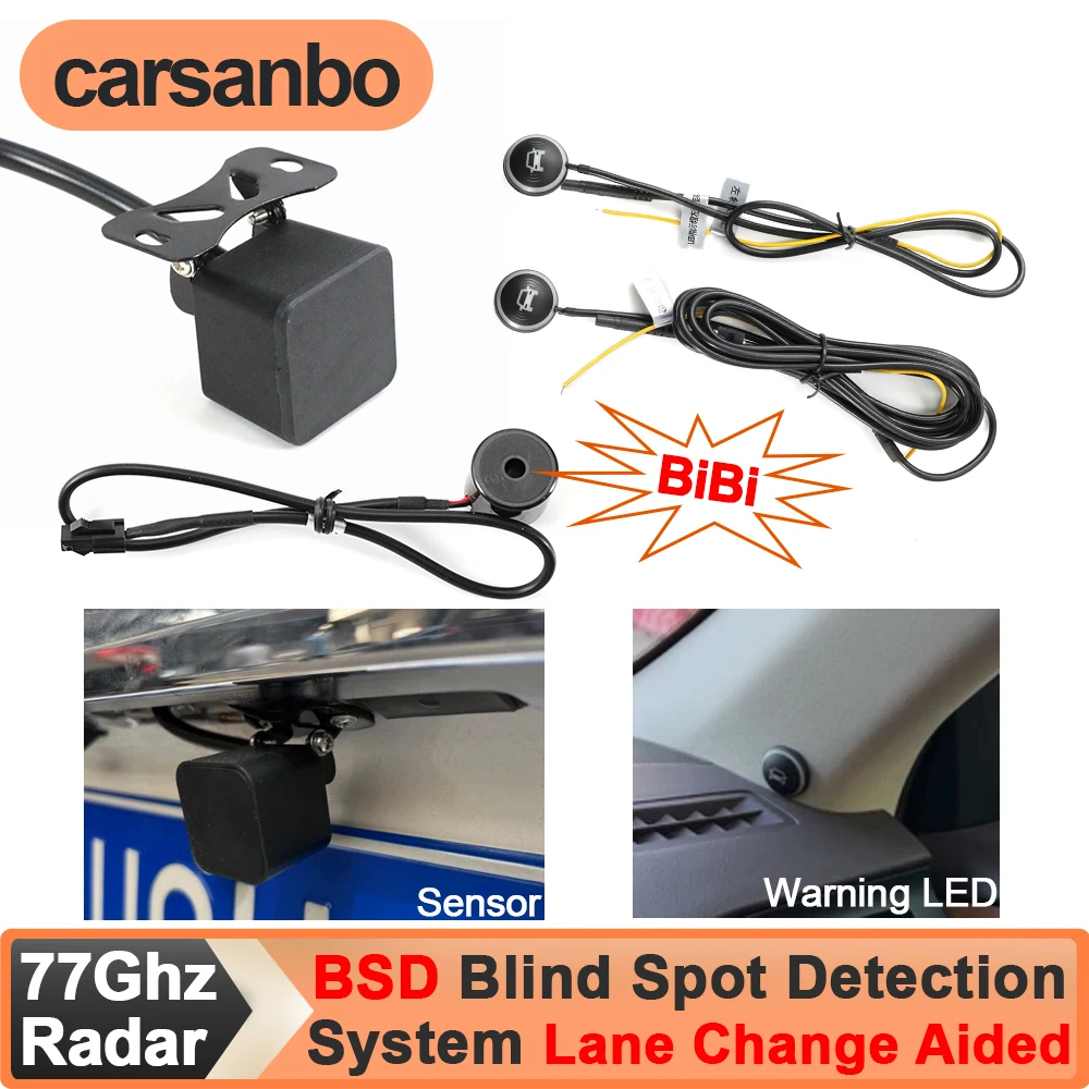 Carsanbo Car BSD Blind Spot Detection System Lane Change Aided Max Detection Range 50m 77Ghz Radar Sensor and Warning LED Buzzer