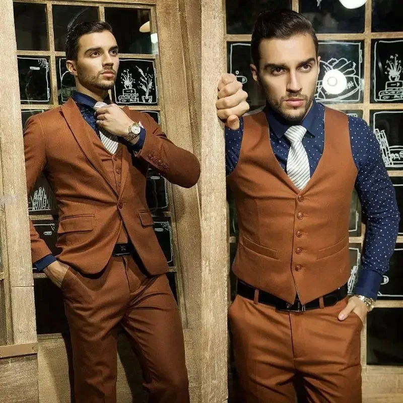 Brown Wedding Suits For Men Elegant Classic Groom Tuxedo Slim Fit 3 Piece Custom Prom Blazer Sets Vintage Jacket Terno Masculino